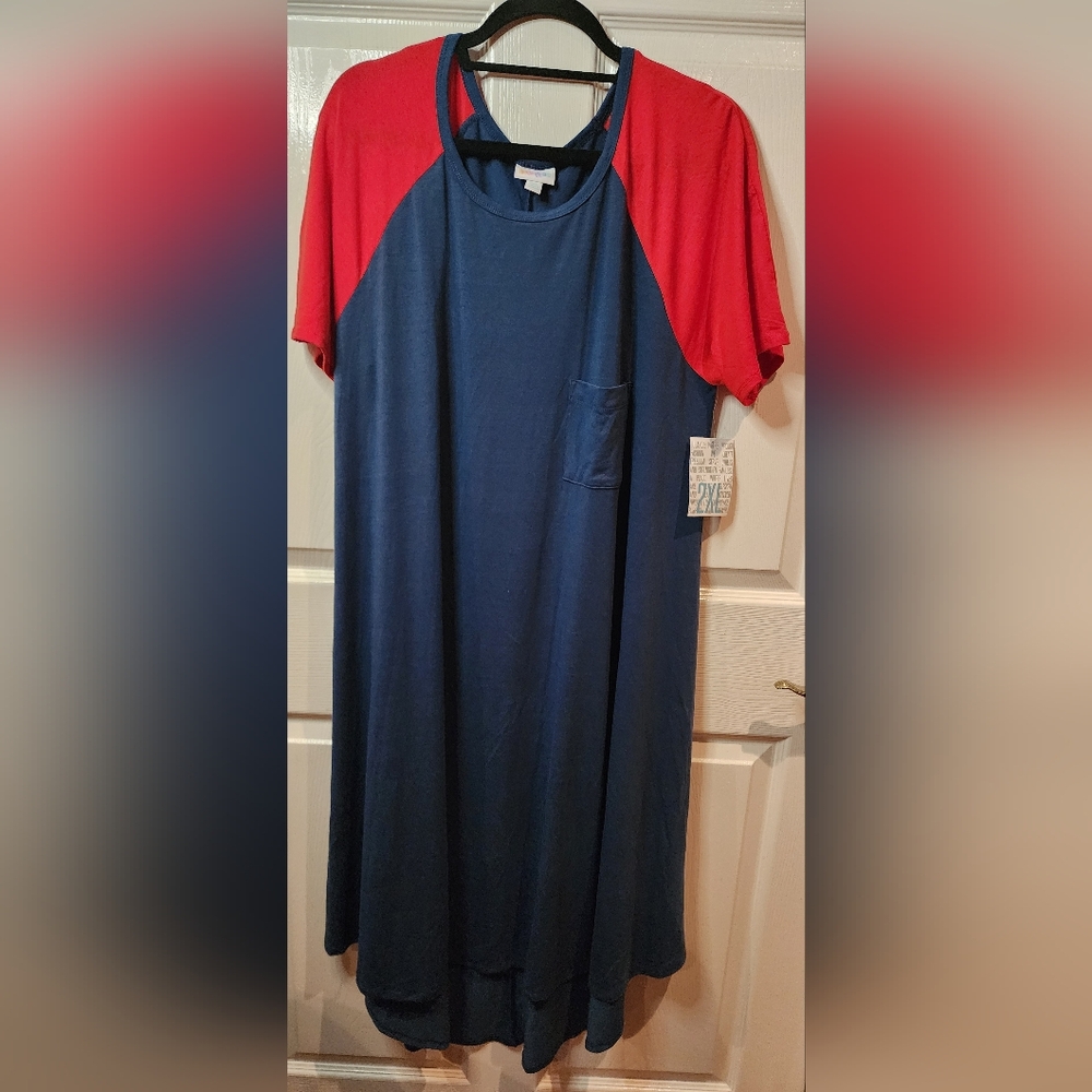LulaRoe Carly Red and Blue Pocket Dress Size 2xl
